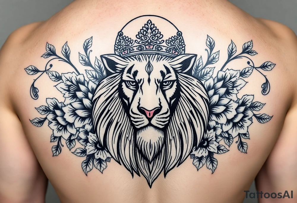 powerful majestic lion with a crown, surrounded by floral ornaments and moon tattoo idea