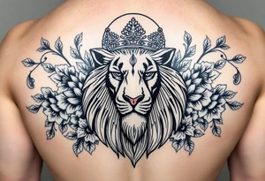 powerful majestic lion with a crown, surrounded by floral ornaments and moon tattoo idea