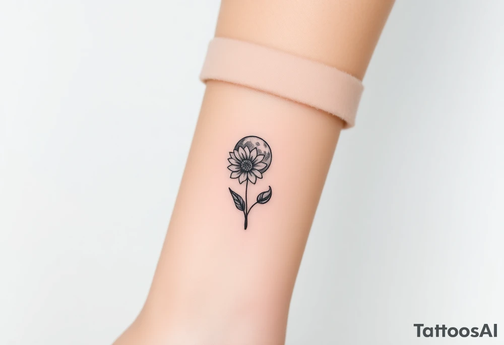 Small black ink minimalist tattoo with full moon, small chrysanthemum and tiny scorpio gliph tattoo idea