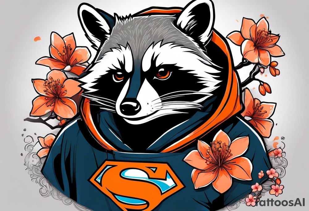 Raccoon wearing a white Superman logo on a black hoodie and orange Japanese cherry blossoms beside tattoo idea