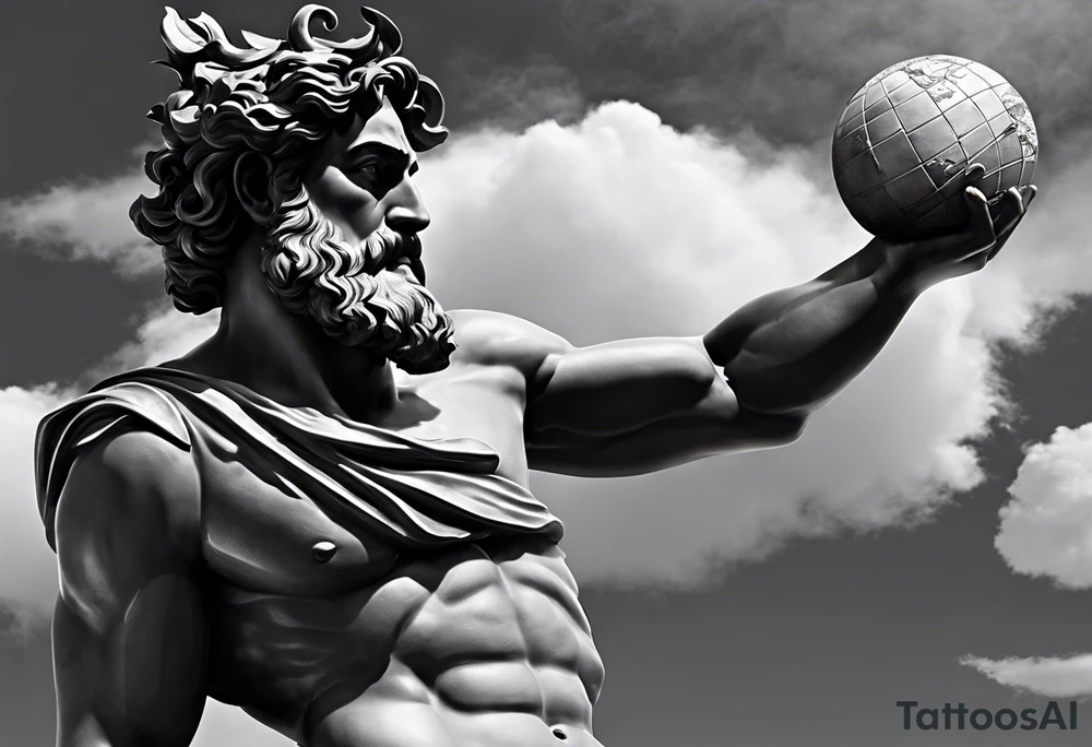 I have an atlas statue with clouds background on my outer right shoulder down to my elbow. I would like something that continues down from that to my wrist, and eventually wraps around my arm, turning my sleeve into one big piece. The ideal tattoo I'm looking for is something not too aggressive and bold but highly detailed. I would like to continue the full body god statue theme, possibly with Hercules, or  Poseidon, but open to all ideas. I would like to keep the full body statue theme as well. tattoo idea