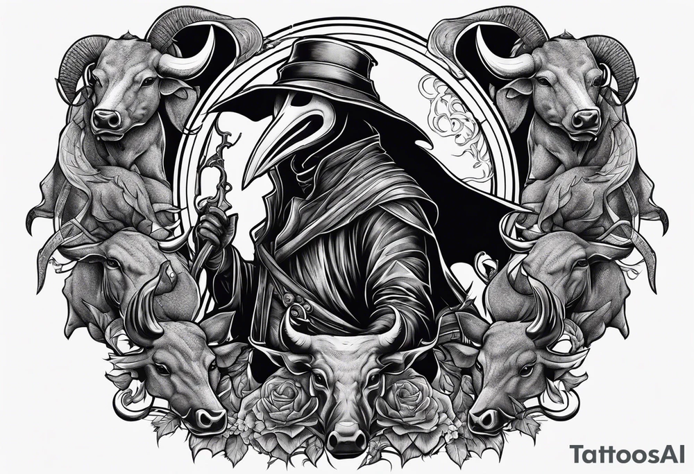 plague doctor surrounded by a scary boar, bull, pitbul, and snake tattoo idea