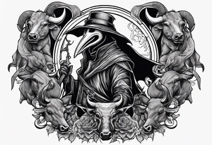 plague doctor surrounded by a scary boar, bull, pitbul, and snake tattoo idea