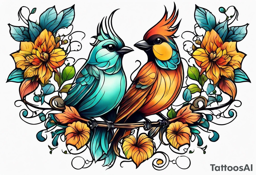 Whimsical birds and vines and leaves forearm tattoo idea