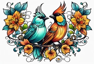 Whimsical birds and vines and leaves forearm tattoo idea