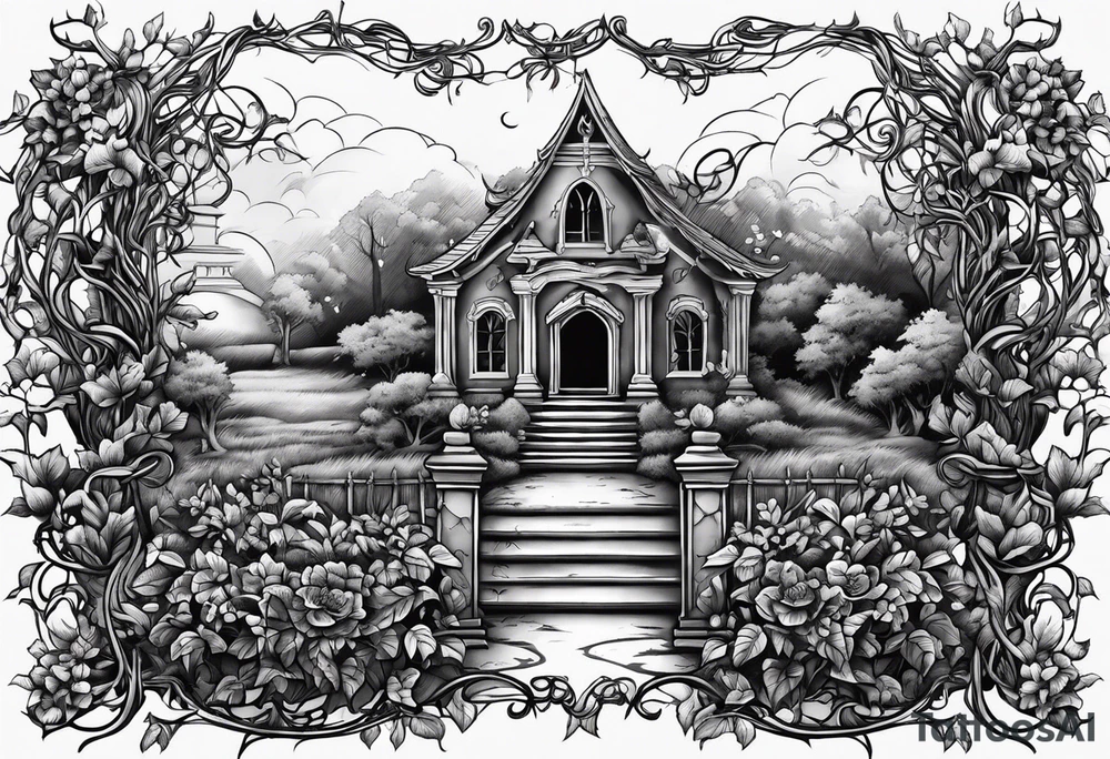 Leafy vines with grave yard tattoo idea