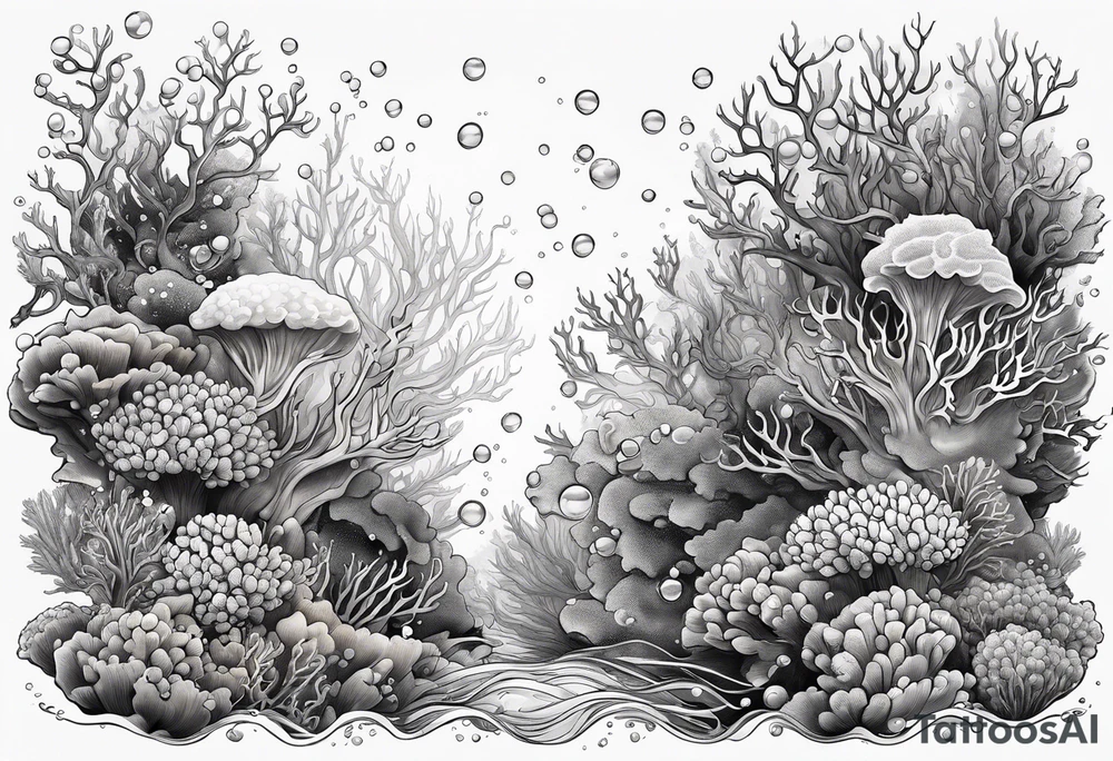 dark underwater coral reef with bubbles, flowing water lines tattoo idea