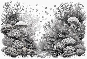 dark underwater coral reef with bubbles, flowing water lines tattoo idea