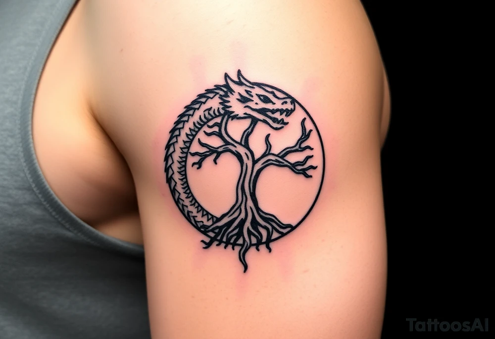 a dragon forming a circle with its body.  the dragon encircles the tree of life.  the dragon is eating the tree. the roots of the tree are strangling the dragon tattoo idea