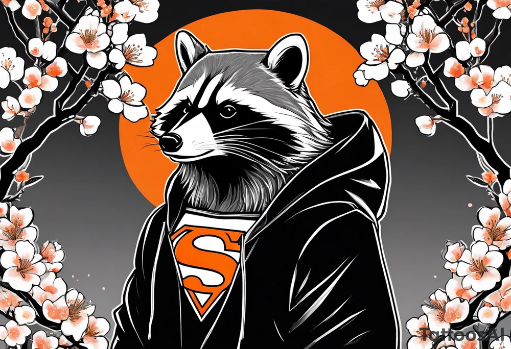 Raccoon wearing a white Superman logo on a black hoodie and orange Japanese cherry blossoms tattoo idea
