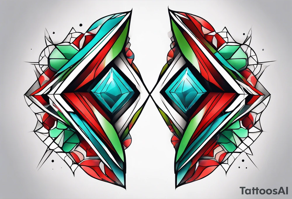 geometric style tattoo on knee with baby blue, red, and green accents. growth and change tattoo idea