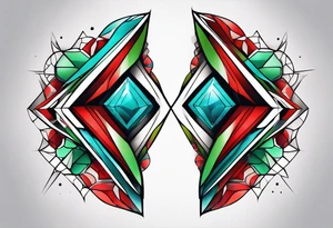geometric style tattoo on knee with baby blue, red, and green accents. growth and change tattoo idea