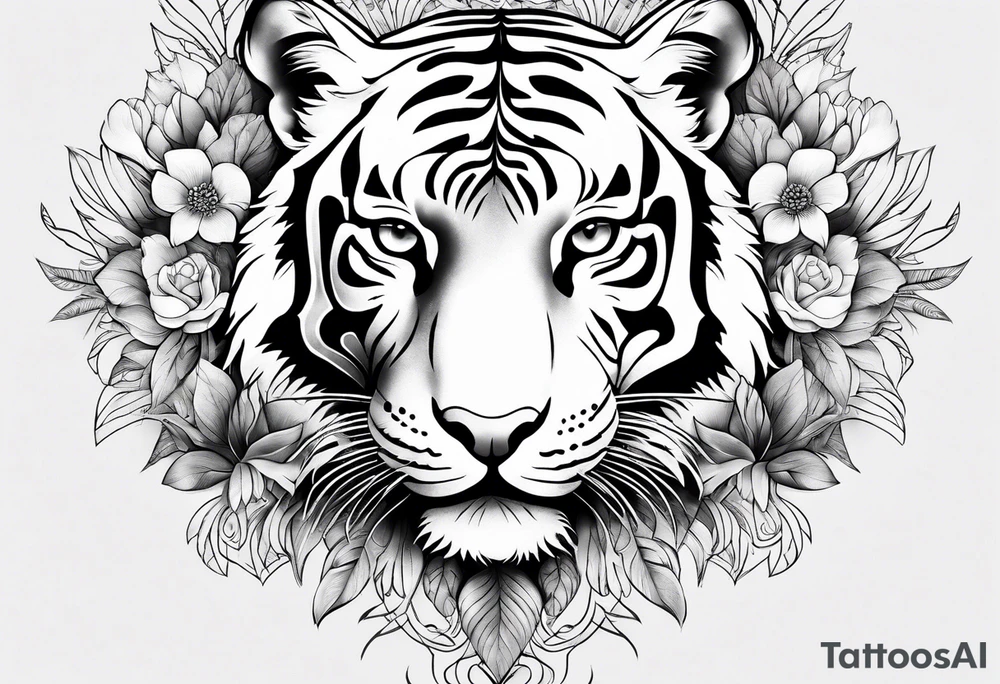 black and white feminine full tiger tattoo with floral design and filigree, feminine tattoo idea