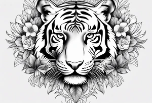 black and white feminine full tiger tattoo with floral design and filigree, feminine tattoo idea