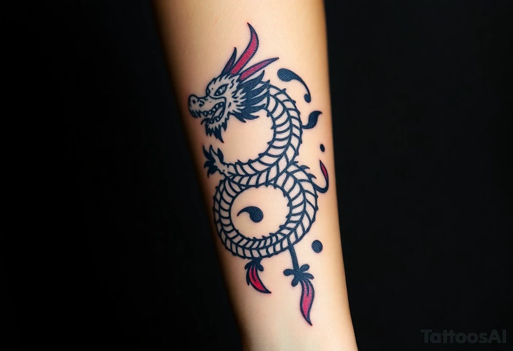 A bracelet wrapped around the arm dragon with purple and red tones, feathers and vines tattoo idea