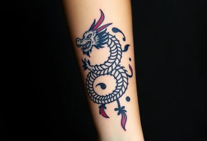 A bracelet wrapped around the arm dragon with purple and red tones, feathers and vines tattoo idea