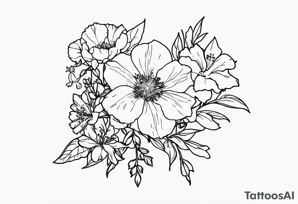 Larkspur, morning glory, delphinium and aster bouquet tattoo idea