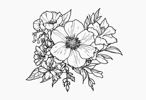 Larkspur, morning glory, delphinium and aster bouquet tattoo idea