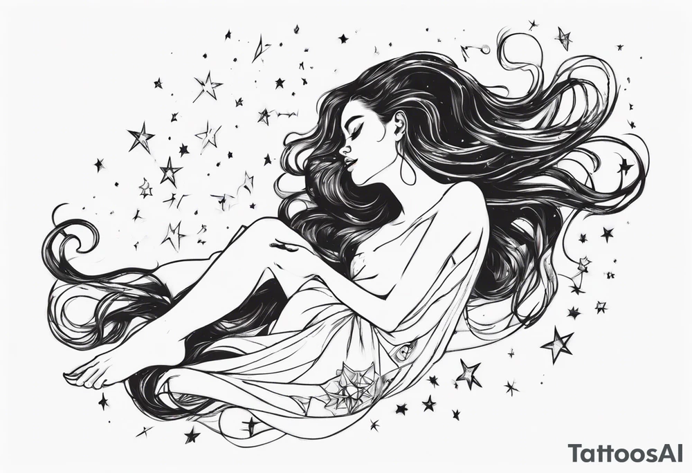 woman laying on her right side with her hair long and slowly fades into stars tattoo idea