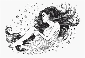 woman laying on her right side with her hair long and slowly fades into stars tattoo idea