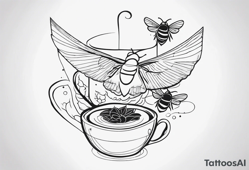 Tea bag with 757 on it, three fine line whimsical birds and a bumble bee tattoo idea