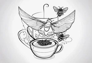 Tea bag with 757 on it, three fine line whimsical birds and a bumble bee tattoo idea