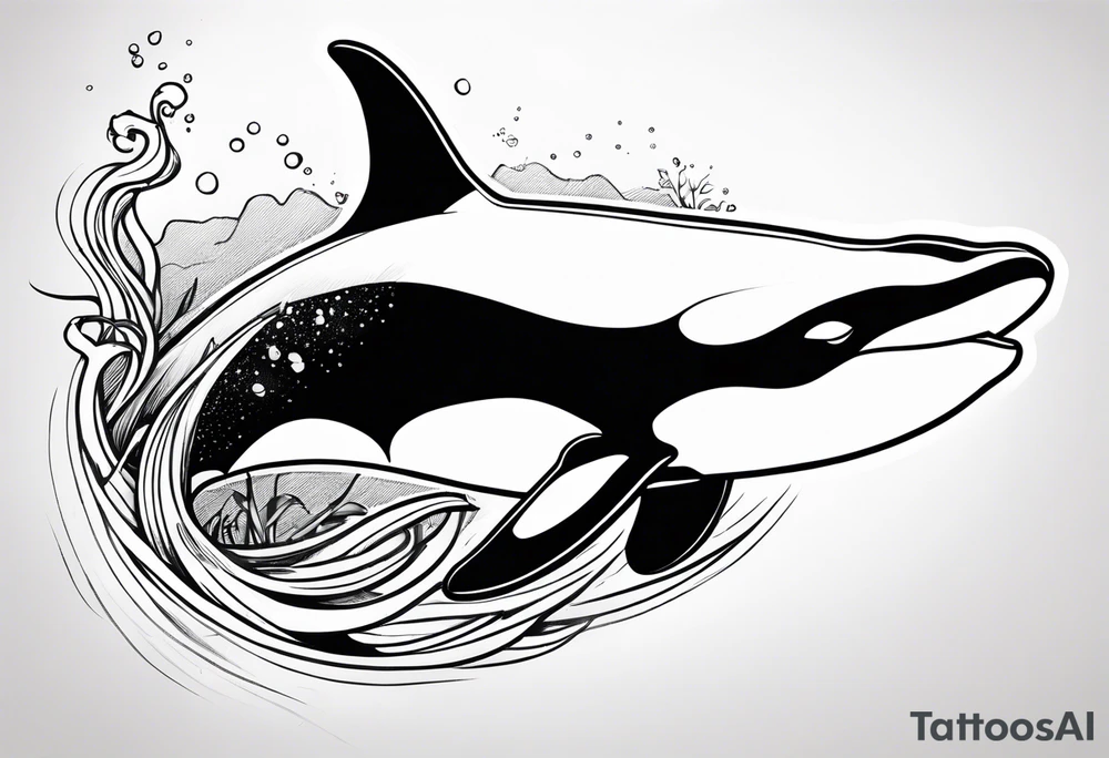 transient orca, Japanese realism, simplistic, shaded high contrast, flowing, kelp highlights tattoo idea