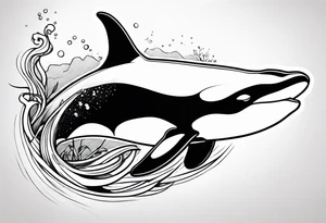 transient orca, Japanese realism, simplistic, shaded high contrast, flowing, kelp highlights tattoo idea