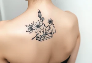 Flor de lótus, livros, vinhos, cafés, viagens e signo de gêmeos tudo junto no braço, tatto pequena tattoo idea