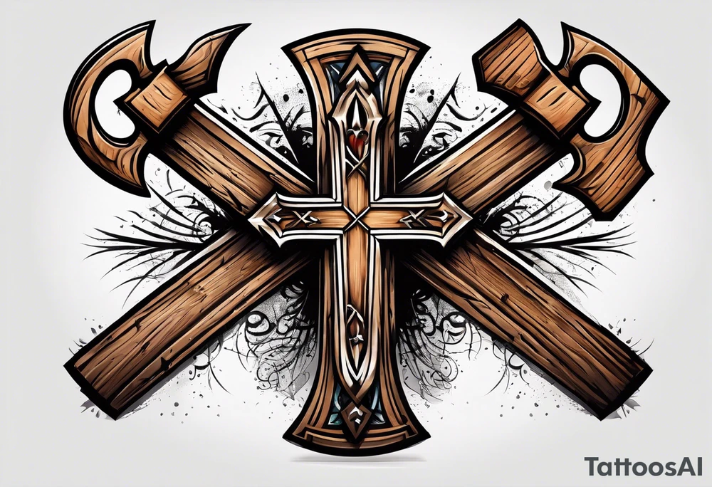 wooden cross with a cross cut saw and double bitted axe crossed over it tattoo idea