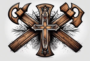 wooden cross with a cross cut saw and double bitted axe crossed over it tattoo idea