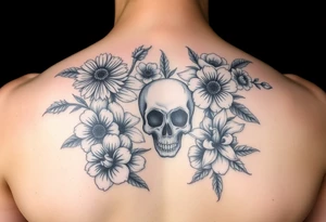 Half sleeve of Dark feminine florals with daisies, poppies, white narcissus, sweet peas, gladiolus with a feminine skull tattoo idea