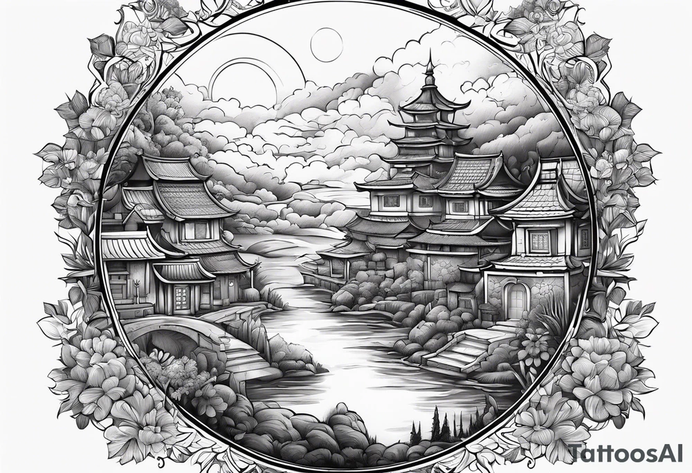 night ancient town far away  garden many small houses gate entrance 
 in circle vignette surrounded by clouds floral tattoo idea