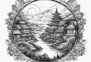 night ancient town far away  garden many small houses gate entrance 
 in circle vignette surrounded by clouds floral tattoo idea