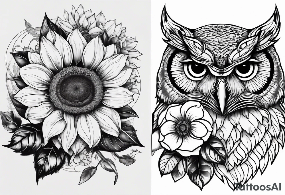 Sunflower and rose flower, owl tattoo idea