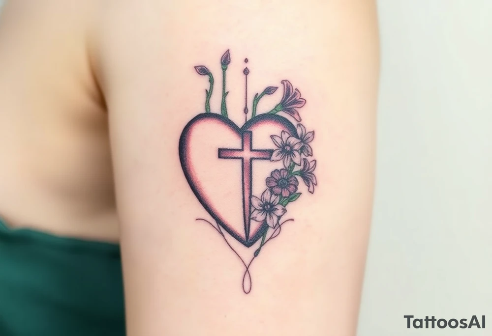 tattoo with heart
: one side representing death and the other life. (from death to life) with a simple cross down the middle. The life side I'd like the following flowers growing out of it: Morning Glory, Lily of the Valley, Daffodil, Rose, Poppy, and Iris tattoo idea