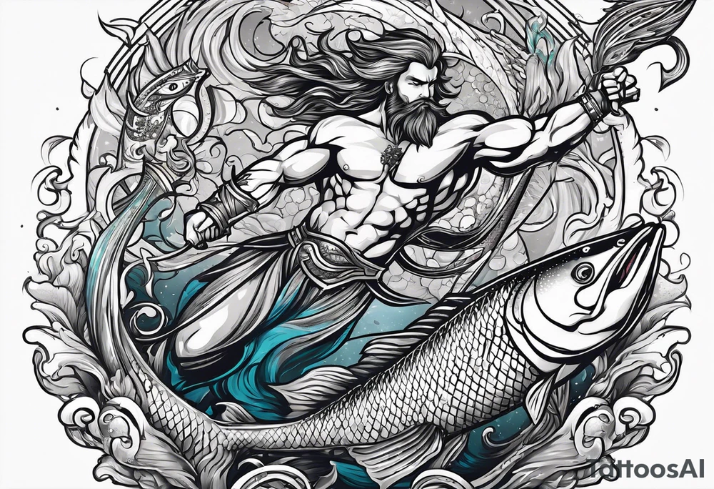 muscular
god 
posideon fighting a sport fish with a trident surrounded by sexy  mermaids tattoo idea