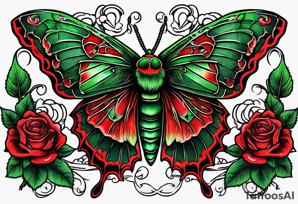 Red deaths head moth with green thorns and roses around it tattoo idea