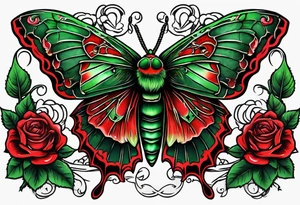 Red deaths head moth with green thorns and roses around it tattoo idea