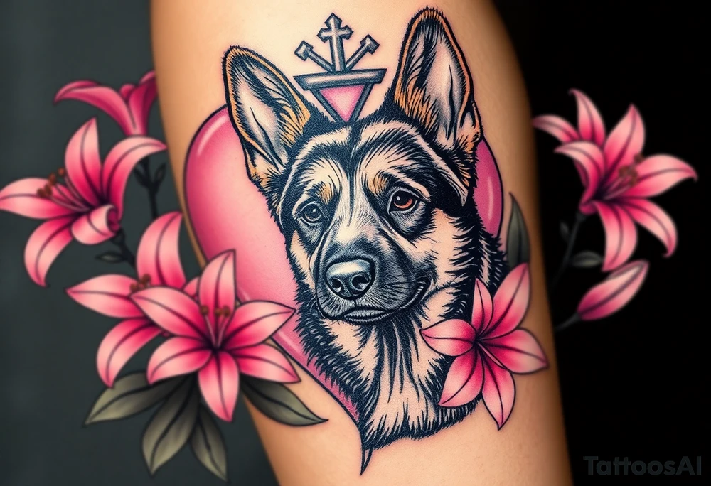 tough looking short haired german shepherd with alert ears surrounded by pink lilies with large leaves in front of a sacred heart tattoo idea