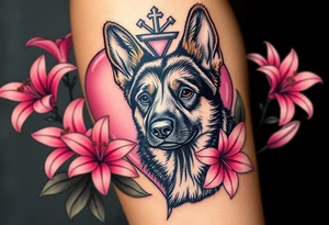 tough looking short haired german shepherd with alert ears surrounded by pink lilies with large leaves in front of a sacred heart tattoo idea