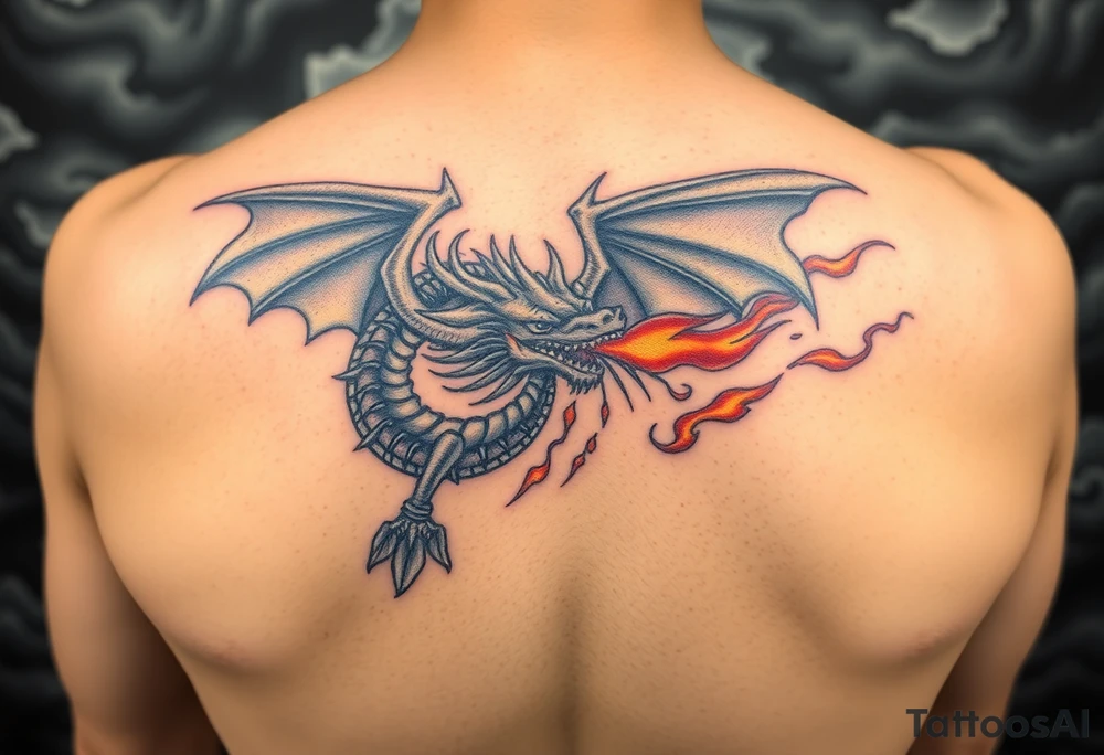 fierce dragon breathing iridescent fire against stormy skies tattoo idea