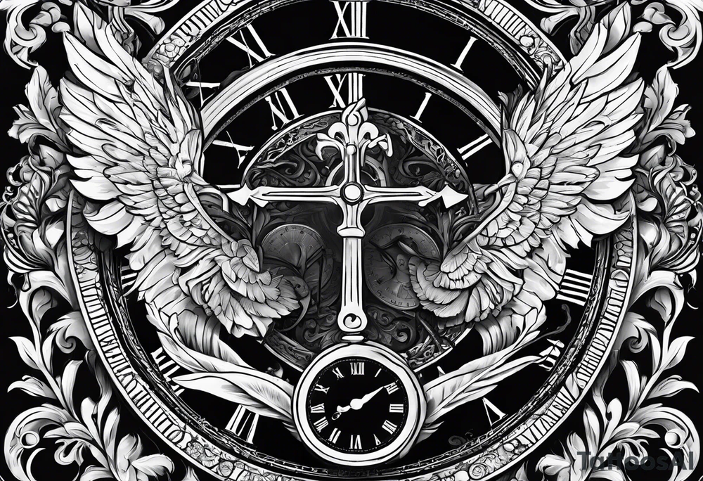 Caduceus with clock at 4:09 and remember to live in latin tattoo idea