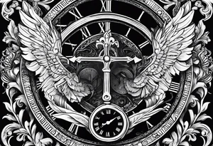 Caduceus with clock at 4:09 and remember to live in latin tattoo idea