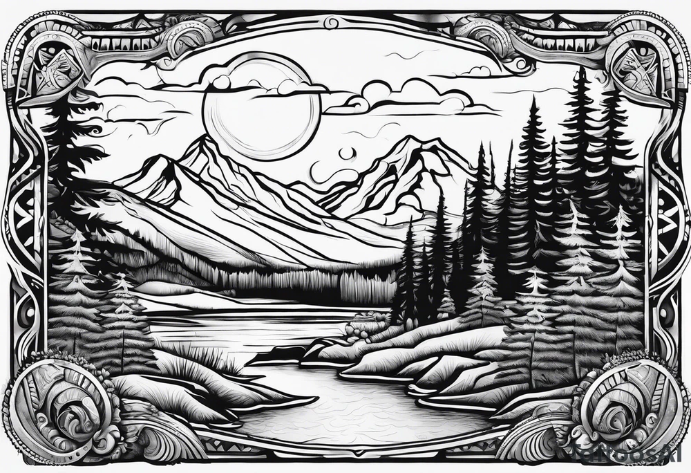 Pacific Northwest landscape, father son and daughter. Mexican American inspiration tattoo idea