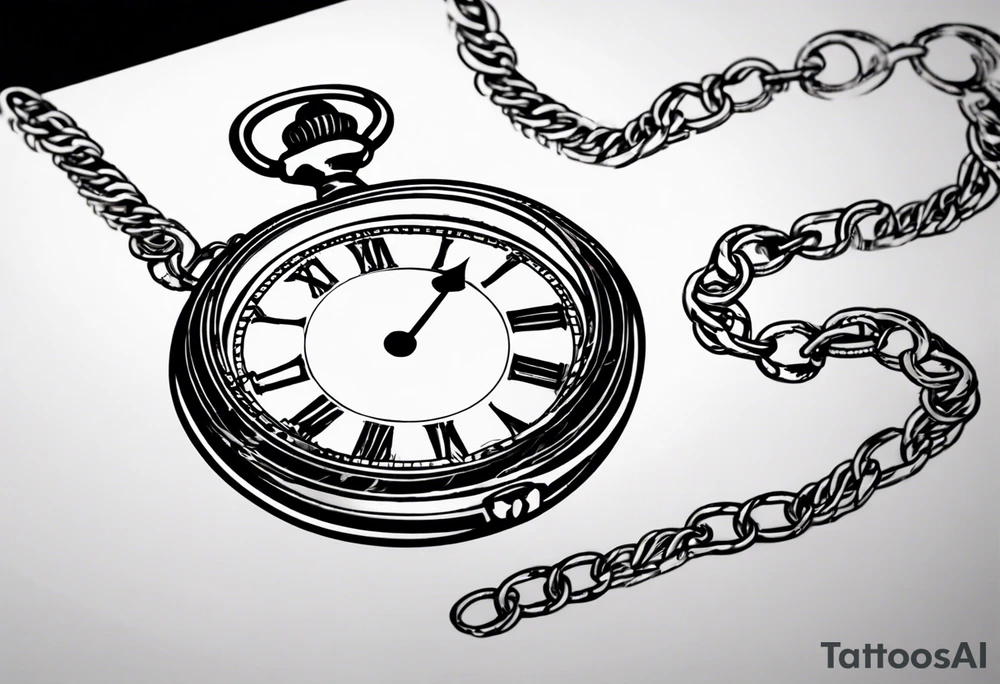 Pocket watch with chain, Roman numerals, date in Roman numerals inside timepiece, classic, elegant, traditional tattoo idea