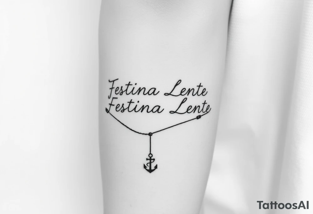 A small, minimal conceptual tattoo for the inner arm.
The phrase “Festina Lente” is not written traditionally; instead, the entire text is formed subtly from a single thin rope.
At the lower end of the rope, a small anchor is attached and appears embedded into the skin, symbolizing patience and stability.
At the opposite end, the rope is being pulled by a very small, minimal, symbolic devil silhouette representing haste.
The rope naturally twists and curves to form the letters of “Festina Lente”, so that at first glance it looks like an abstract rope composition, but upon closer inspection the text becomes readable.
Highly refined, modern calligraphic flow created by the rope itself, elegant and understated.
Black ink only, ultra-fine line work, minimal shading, strong use of negative space, contemporary 2026 tattoo style.
No traditional tattoo elements, no bold outlines, no old-school style, no decorative ornaments.
Clean, intelligent, subtle storytelling tattoo suitable for a small inner-arm placement. tattoo idea