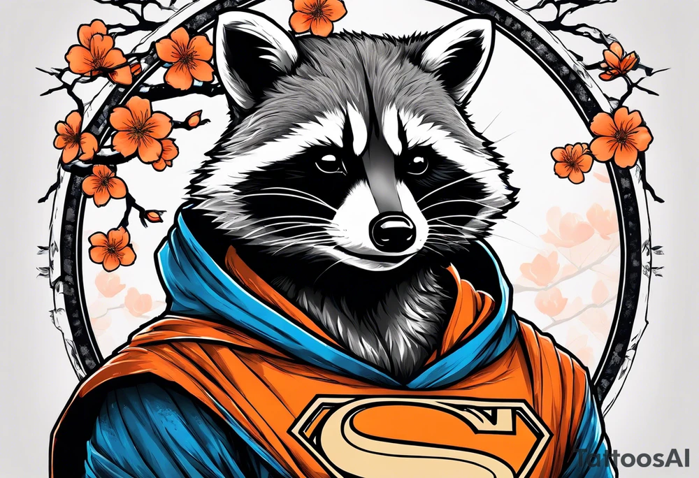 raccoon wearing a black and white Superman hoodie and orange Japanese cherry blossoms tattoo idea