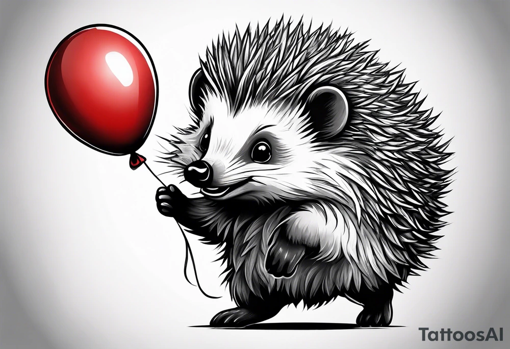 small hedgehog with a red balloon. A big grizzly screaming and he leans over the hedgehog. tattoo idea