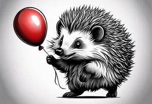 small hedgehog with a red balloon. A big grizzly screaming and he leans over the hedgehog. tattoo idea